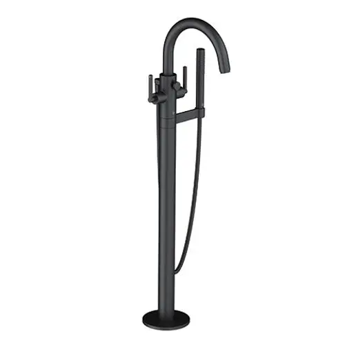 Freistehende Wannenarmatur in mattschwarz von Kludi mit flexibler Handbrause und zwei Steuergriffen. Ideal für moderne Badezimmergestaltungen.